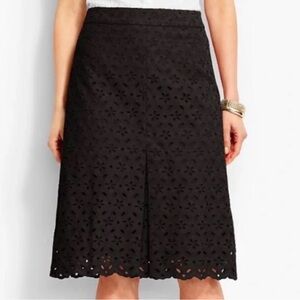 Talbots Black Eyelet A-Line Pleated Lined Midi Scalloped Hem Floral Cutout Skirt